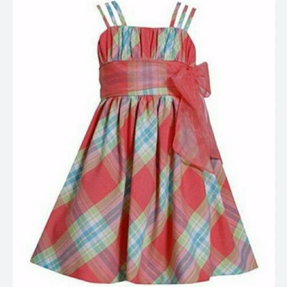 Bonnie Jean Girls Party Dress Pastels Plaid Bow Tucks Back Tie Dance Birthday 14